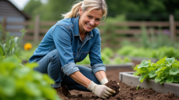Femme agronome dans un jardin verdoyant vérifiant le sol