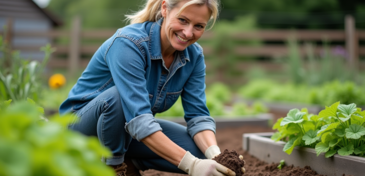 Femme agronome dans un jardin verdoyant vérifiant le sol