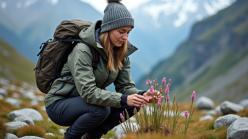 Femme en randonnée observant des fleurs de montagne rares