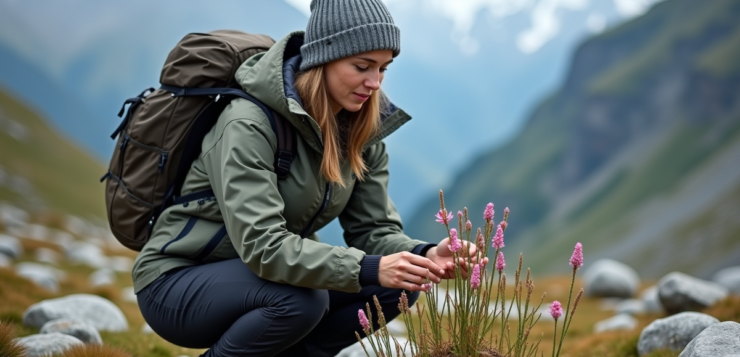 Femme en randonnée observant des fleurs de montagne rares