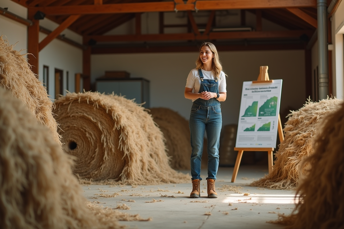 Jeune femme présentant des balles de chanvre en intérieur
