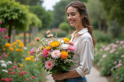 Jeune femme dans un jardin botanique avec un bouquet de fleurs