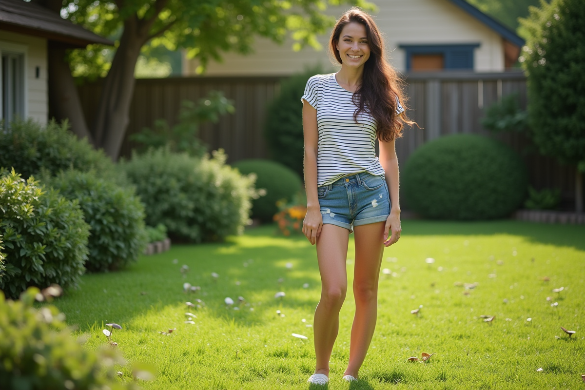 Jeune femme en shorts nettoyant ses chaussures dans le jardin