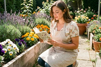 Femme débutante en jardinage consultant un carnet botanique illustré avec des noms de fleurs écrits à la main, agenouillée dans un jardin fleuri coloré