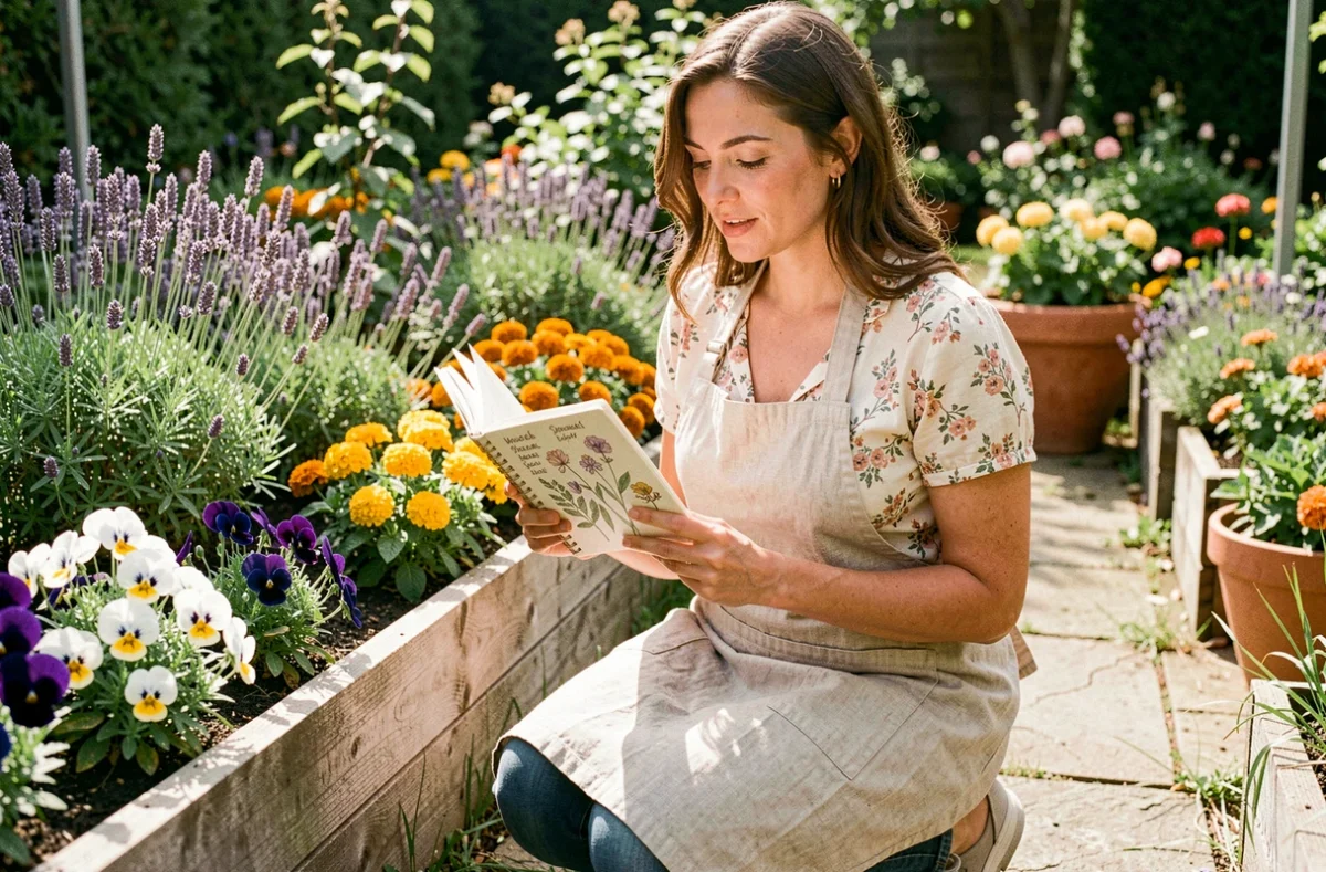 Femme débutante en jardinage consultant un carnet botanique illustré avec des noms de fleurs écrits à la main, agenouillée dans un jardin fleuri coloré