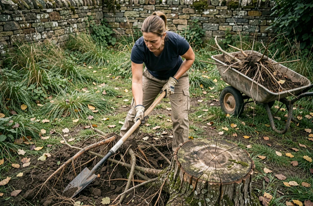 Femme qui creuse autour d'une souche d'arbre pour l'extirper avec une bêche