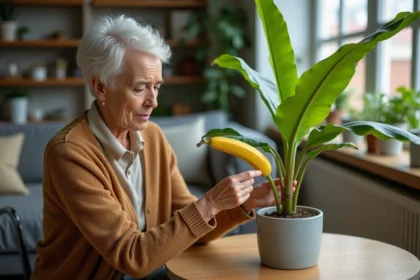 Femme d'âge moyen examinant une plante de bananier en fleur dans un salon lumineux