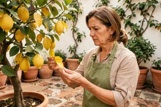 Femme examinant des feuilles jaunes sur un citronnier en pot dans une cour méditerranéenne