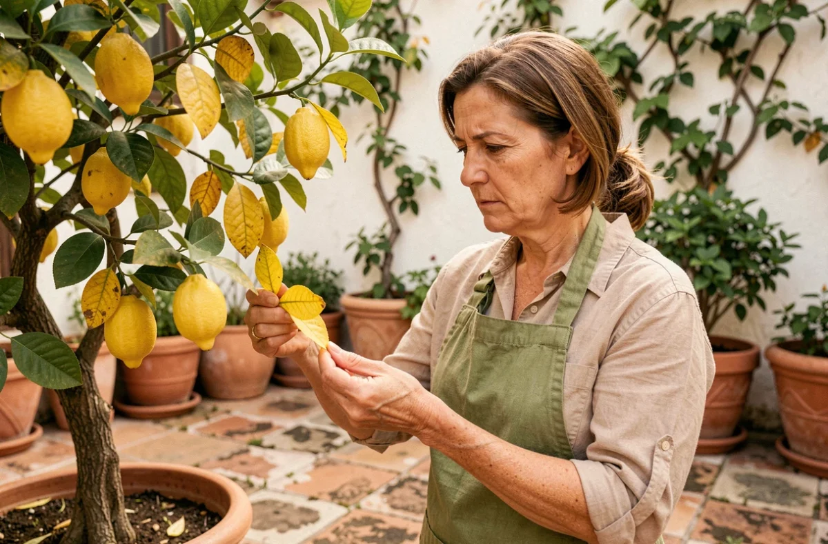 Femme examinant des feuilles jaunes sur un citronnier en pot dans une cour méditerranéenne