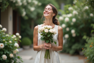 Femme en robe en lin avec bouquet de fleurs parfumées