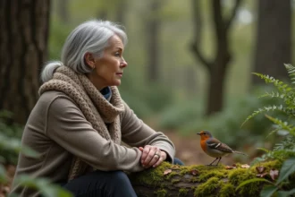 Femme assise dans la forêt avec un oiseau rouge sur une branche