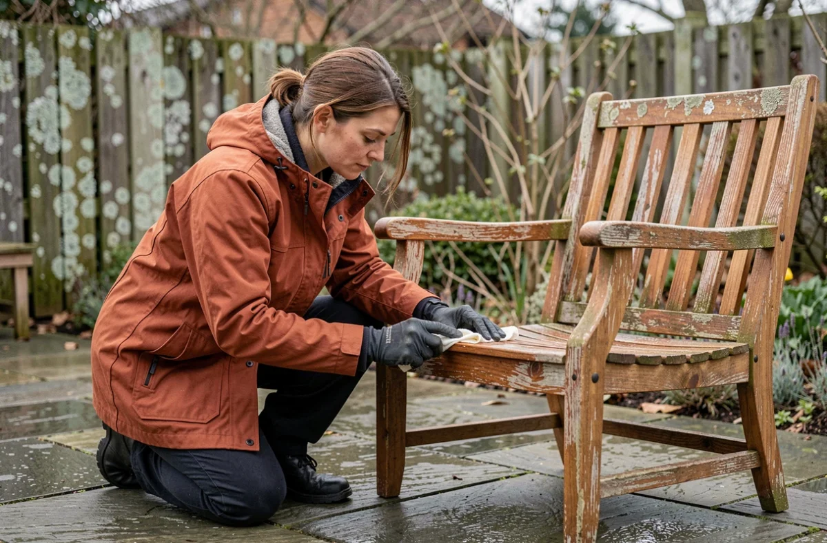 Femme appliquant de l'huile de teck sur un fauteuil de jardin en teck à genoux sur une terrasse en pierre en intersaison
