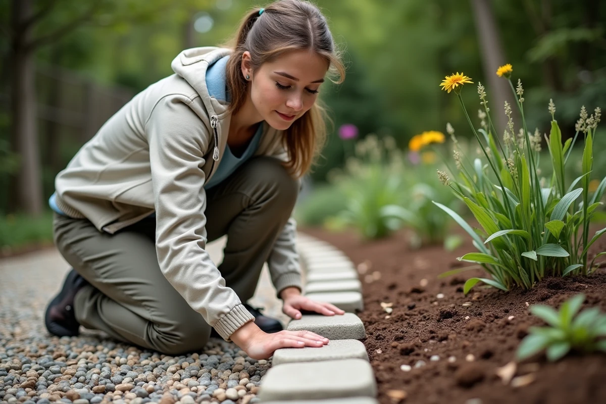 Jeune femme pose des pierres naturelles le long d