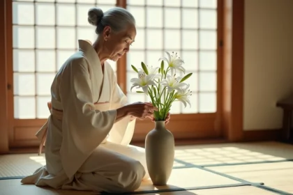 Femme japonaise âgée en kimono arrange des lys blancs