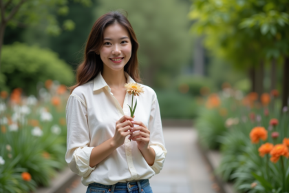 Jeune femme dans un jardin botanique tenant une fleur fanée