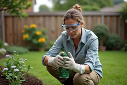 Femme adulte lisant attentivement l'étiquette d'un herbicide comme le Roundup 360 Plus dans un jardin, portant des équipements de protection individuelle