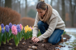 Femme plantant des bulbes de hyacinth dans un jardin d'hiver