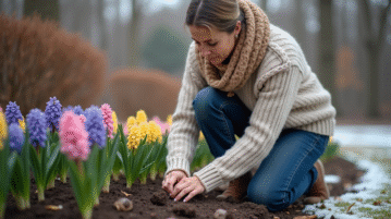 Femme plantant des bulbes de hyacinth dans un jardin d'hiver