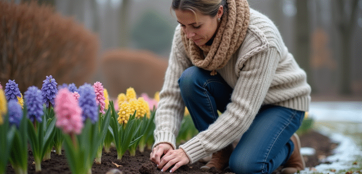 Femme plantant des bulbes de hyacinth dans un jardin d'hiver
