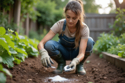 Femme en overalls appliquant de la chaux dans le jardin
