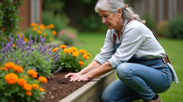 Femme en jardinage avec fleurs colorées et paillis