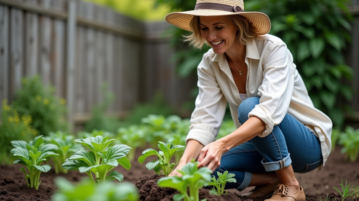 Femme en jardinage avec chapeau en paille et jeans roulés