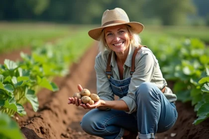 Femme en jardinage avec pommes de terre fraîchement récoltées