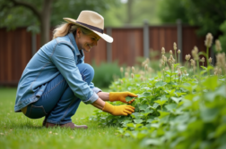 Femme moyenne âge en jardinage avec gants et chapeau