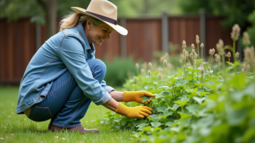 Femme moyenne âge en jardinage avec gants et chapeau