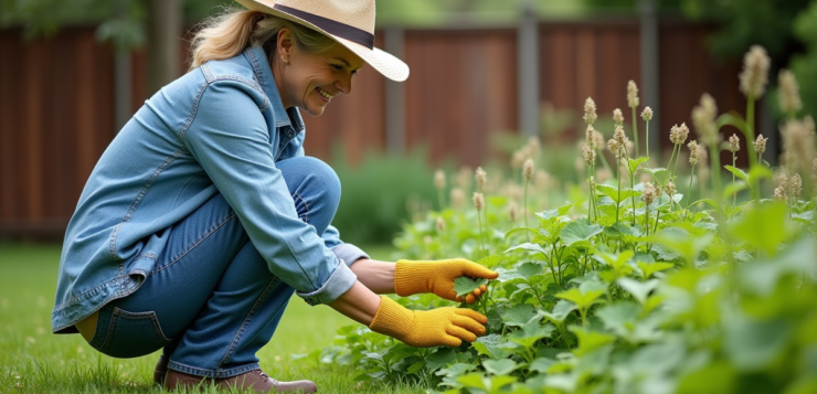 Femme moyenne âge en jardinage avec gants et chapeau