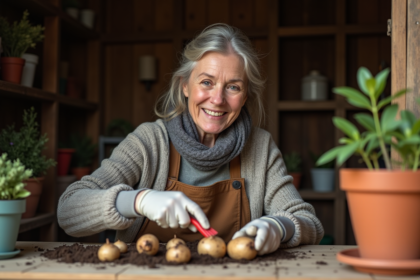 Femme jardinant avec gants et pull en laine en intérieur