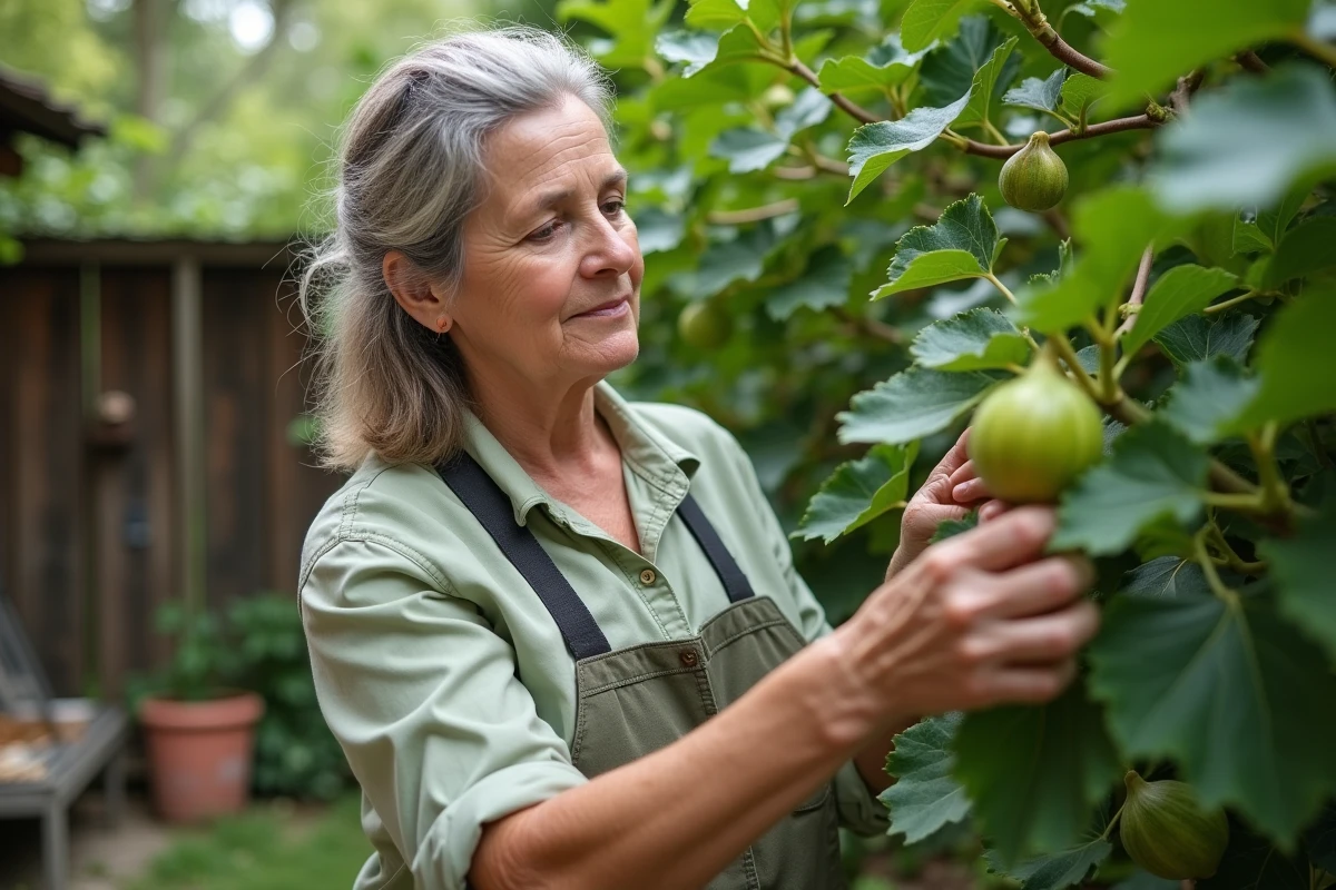 Femme inspectant une feuille de figuier dans le jardin