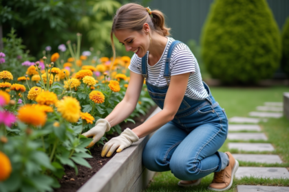 Femme en overalls plantant des fleurs dans le jardin