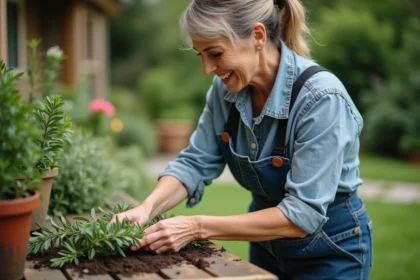 Femme en vêtements de jardinage préparant des lauriers dans un jardin
