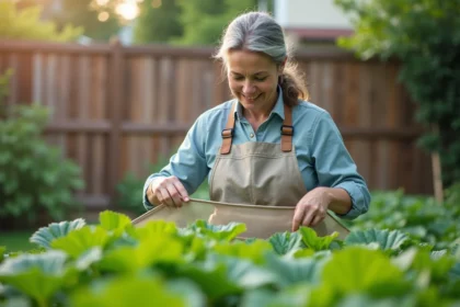 Femme en jardinage posant un filet insecte sur des légumes