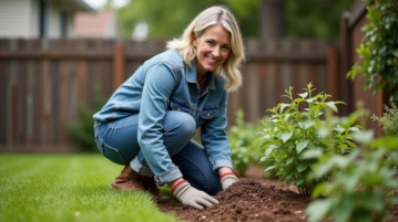 Femme d'âge moyen en plein jardinage dans son jardin