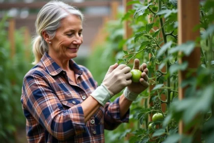 Femme en plaid pinçant une pousse de tomate dans un jardin