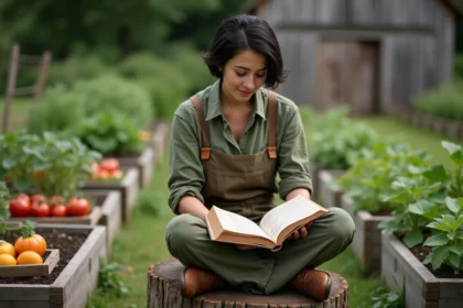 Femme lisant un livre de permaculture dans une microferme avec potager en lasagne et buttes surélevées