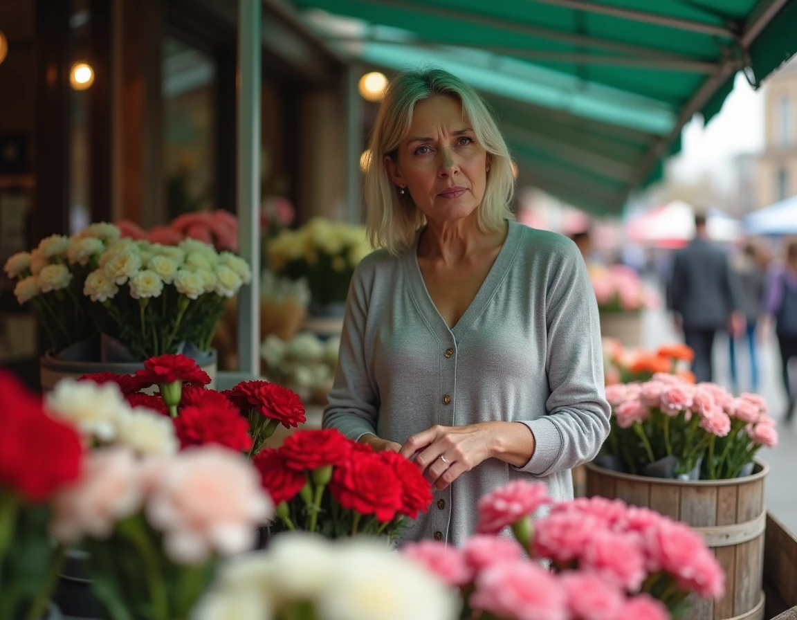 Femme choisissant des œillets rouges, blancs et roses dans un marché aux fleurs en plein air, illustration du symbolisme floral