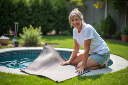 Femme souriante pose un tapis autour d'un spa dans le jardin