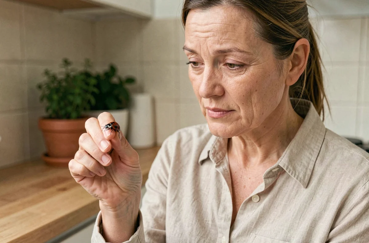 Femme examinant une coccinelle noire à points rouges sur son doigt dans une cuisine domestique