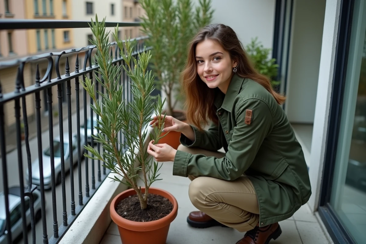 Jeune femme vérifiant un olivier sur un balcon urbain