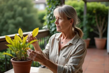 Femme examinant des feuilles jaunies d'un olivier en terrasse