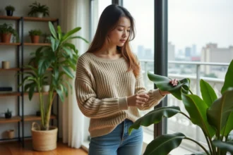 Jeune femme dans un appartement avec plante bananier