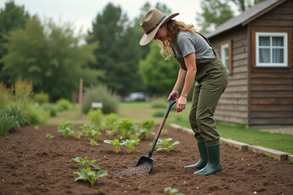 Jeune femme en salopette verte utilisant un râteau pour semer dans un jardin communautaire