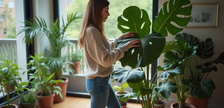 Femme touchant un ficus lyrata dans un salon moderne