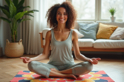Femme détendue assise sur un tapis d'acupressure coloré