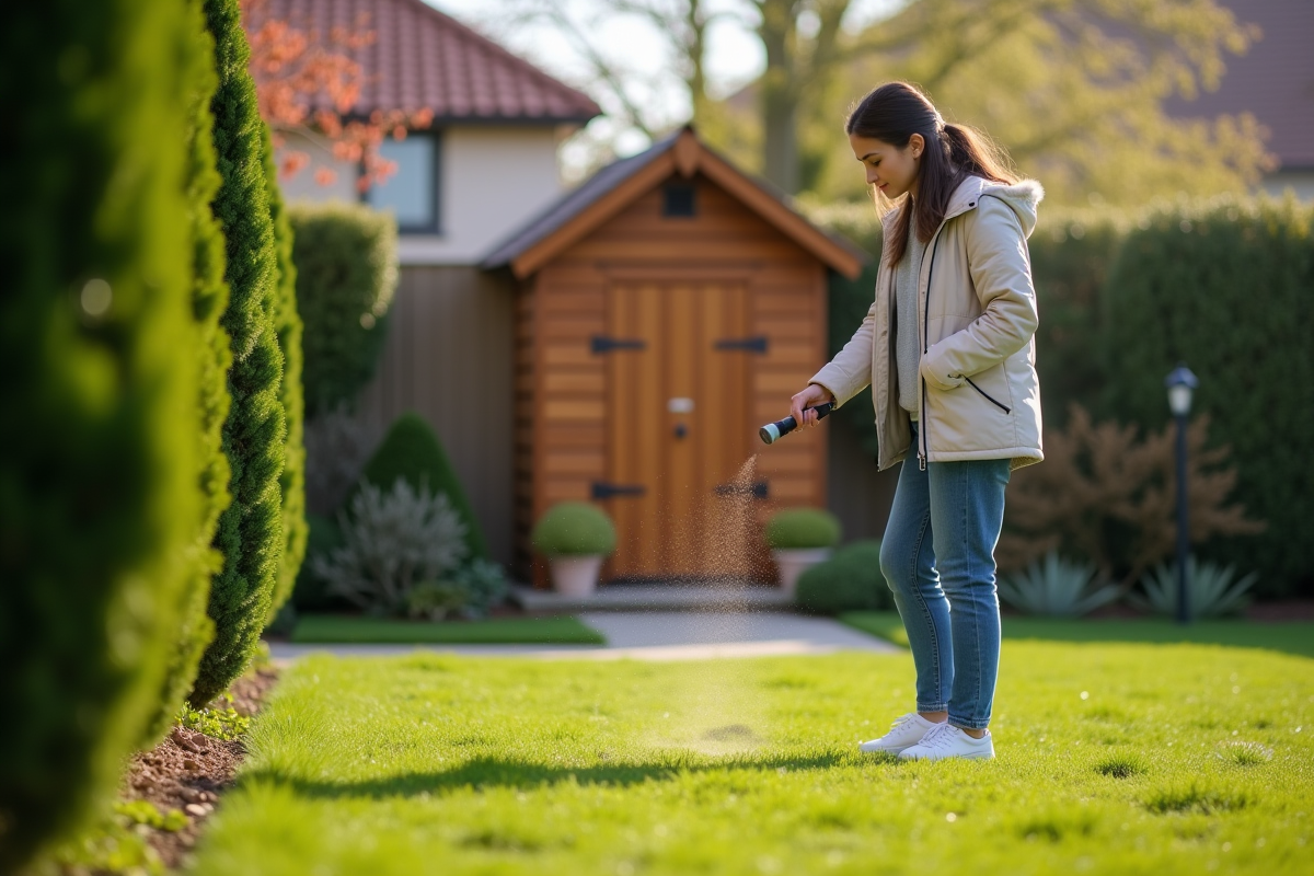 Jeune femme saupoudrant des granules anti-fourmis dans le jardin