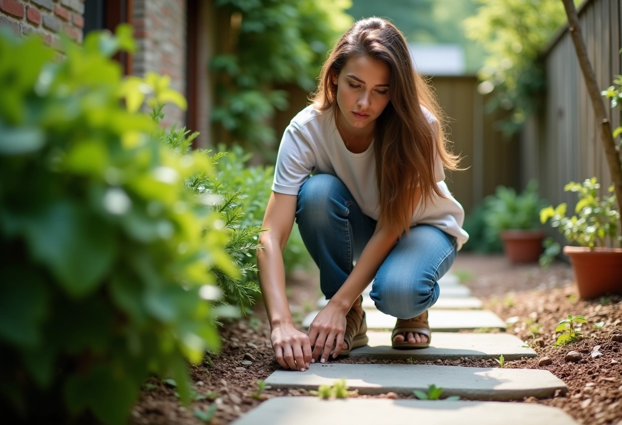 Jeune femme place un répulsif à cafards dans le jardin