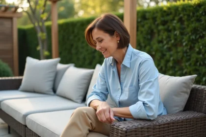 Femme assise sur un sofa en rotin dans un jardin